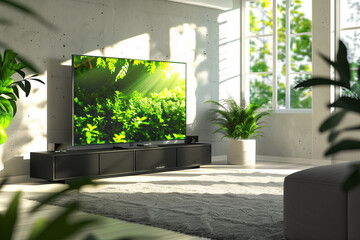 Modern living room with a large flat-screen television displaying a green nature scene. The high-resolution, high-quality, detailed, photorealistic photography includes hyperrealism, cinematic light