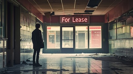 Entrepreneur standing in an empty storefront with a "For Lease" sign, portraying the end of a business and the hopelessness that follows bankruptcy.