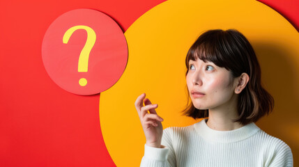A woman stands in front of a wall with a question mark on it, looking thoughtful and curious