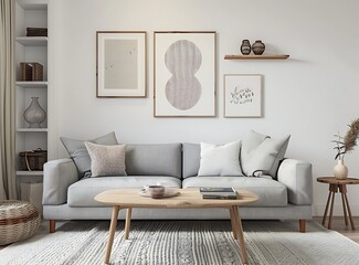 Obraz premium Scandinavian style living room interior with a gray sofa, wooden coffee table and posters on the wall in a mockup stock photo