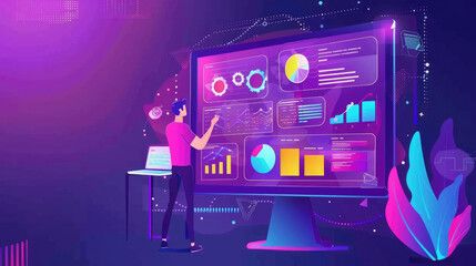 Obraz premium A man stands upright in front of a massive screen, looking intently at the display