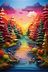 Obraz premium Plasticine art, A serene lake surrounded by rainbow-colored trees with a reflection of a rainbow arching across the water