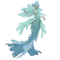 An illustration of an undine, a mystical woman with long aqua-colored hair