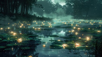 A photo of a magical swamp with glowing lily pads, a foggy landscape with will-o'-the-wisps
