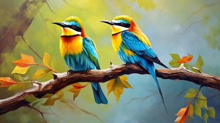 A pair of vibrant, colorful birds perched on a branch against a natural background.