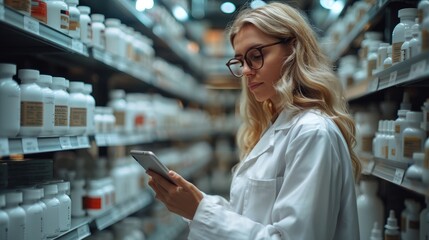 Pharmacist in white coat using tablet while checking medication stock in a pharmacy aisle. Healthcare professional managing inventory.