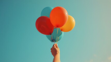 An individual holding multiple colorful balloons in the air