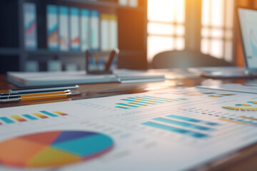 3D render of financial data and charts with bar graphs and pie charts on a paper work desk in an office background. The business concept for a corporate business plan or the significance of company