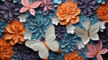 Fototapeta premium digital paper-cut butterflies and flowers poster background