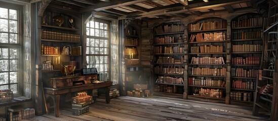 Rustic style Library with wooden furniture, many old books on the shelves. Interior. Generative AI