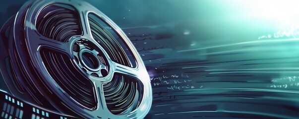 Vibrant digital illustration of a classic movie reel with copy space