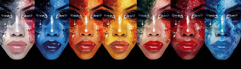 Obraz premium Abstract artist model in vibrant colors representing diverse emotions, featuring painted faces in blue, yellow, orange, green, and red hues.