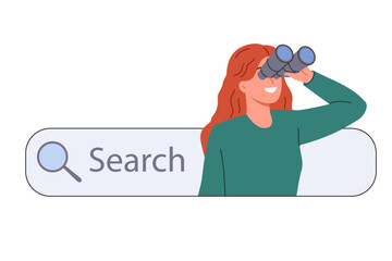 Woman uses internet search for educational research, stands with binoculars in hands near search bar. Concept of SEO optimization of website and interface to attract customers from social networks