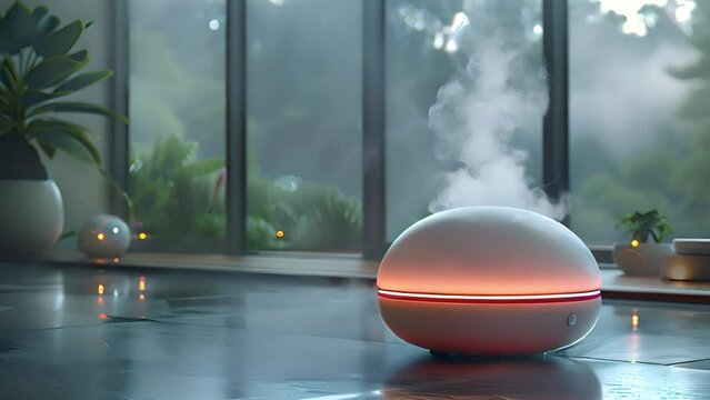A modern spherical humidifier emits vapor in a stylish living room with large windows, showcasing a rainy day. Soft lighting enhances the cozy atmosphere.