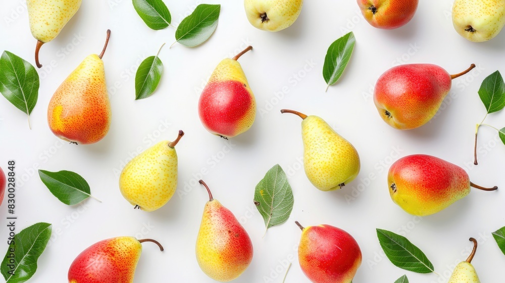 Poster top view of vibrant pear fruits in red yellow and green with leaves isolated on a white background f
