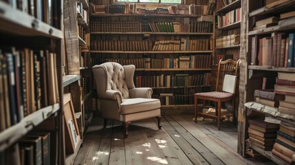 Obraz premium Rustic style Library with wooden furniture, many old books on the shelves. Interior. Generative AI