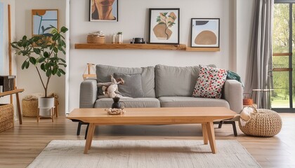 Refined Modern Living Room: Sleek Wood Floating Shelf Display