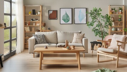 Refined Modern Living Room: Sleek Wood Floating Shelf Display