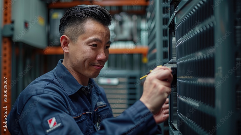 Aufkleber technician working on server rack in data center, managing cables and ensuring system efficiency. pr