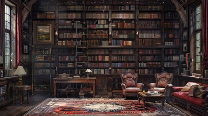 Obraz premium Rustic style Library with wooden furniture, many old books on the shelves. Interior. Generative AI