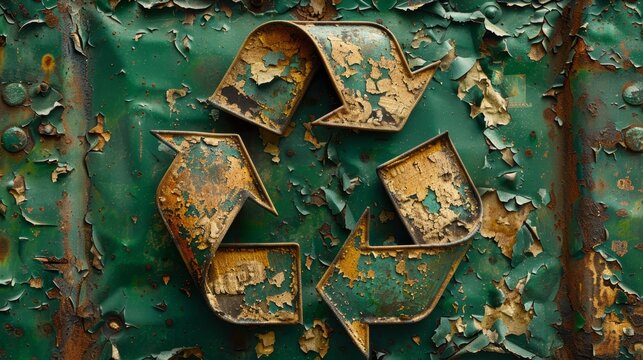Close-up of a rusted and peeling metal recycle symbol with a green background, showcasing the effects of time and weather on sustainable practices.