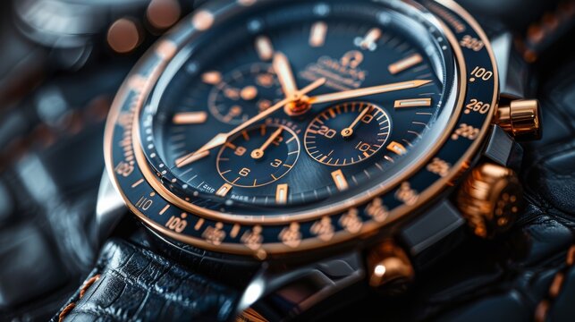 Close-up of an elegant luxury wristwatch with a leather strap, golden accents, and intricate detailing, showcasing fine craftsmanship.