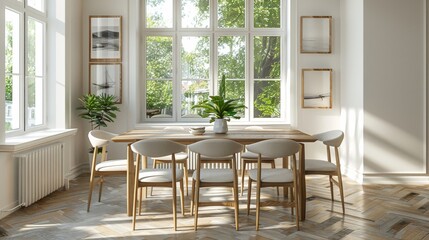 Fototapeta premium Contemporary dining set with a rectangular table and six chairs in a bright dining room