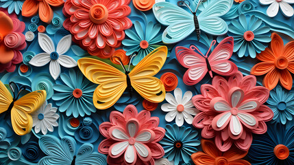 Fototapeta premium digital paper-cut butterflies and flowers poster background