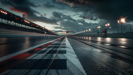 Racing car track with a finish line and stands in the background, night sky with clouds. A cinematic view of a racing sport or automotive competition concept. High Details, 8k, UHD