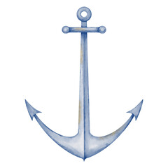 Anchor watercolor illustration in blue and beige pastel colors. Hand drawn clip art on isolated background. Drawing for print design or icon. Sketch for childish cards. Nautical style.