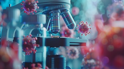 Microscope view blended with virus cells. Represents scientific investigation and medical analysis of infectious agents. Double exposure theme.