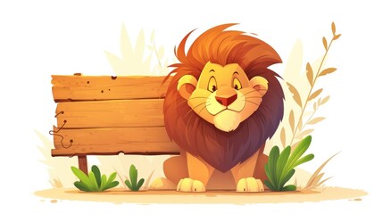 Fototapeta premium 2d cartoon icon depicting a lion in a zoo next to a wooden signboard perfect for a zoological park