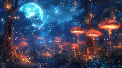 A photo of a moonlit forest with glowing mushrooms, a night sky with sparkling constellations