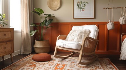 Contemporary rocking chair with a wooden frame in a nursery