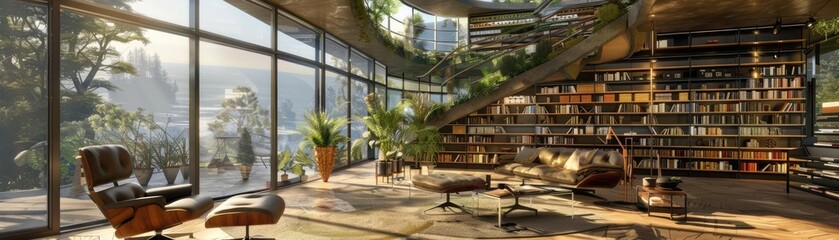 Fototapeta premium Modern library interior with floor-to-ceiling windows, cozy seating, a spiral staircase, and abundant natural light.