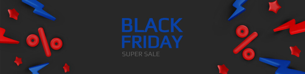 Black Friday super sale. Promo background with realistic 3d cartoon style elements, black gift, percent symbols, stars, percent symbols. Promotion banner, web poster. vector illustration