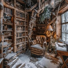 Cozy rustic library with bookshelves, leather armchair, wooden furniture, and scenic window view creating a perfect reading nook.