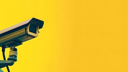 A modern digital white webcam CCTV camera on yellow background.