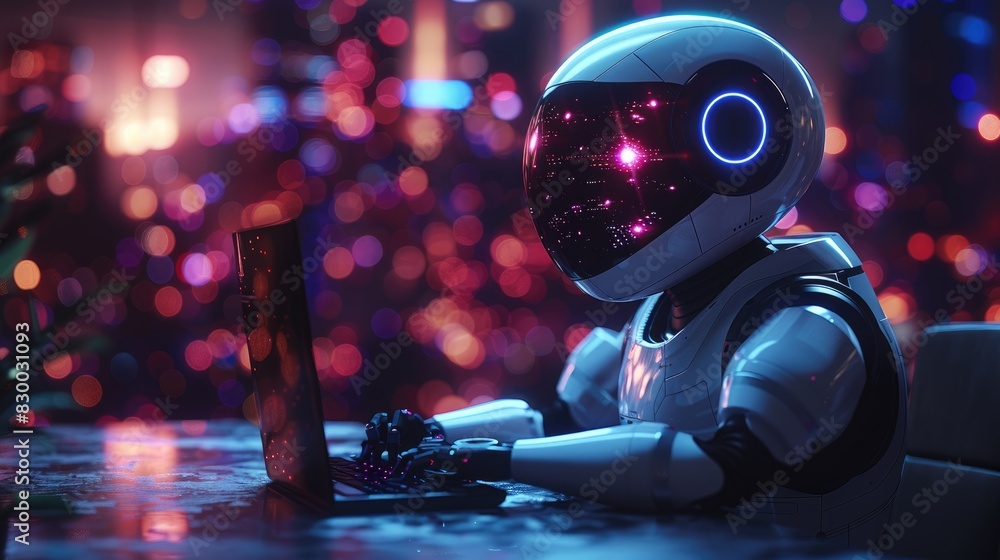 Aufkleber futuristic robot working on a laptop in a neon-lit environment, representing advanced technology and