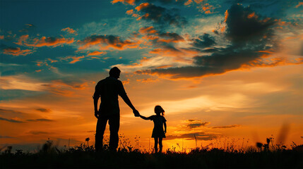 Father And Child Enjoying Their Time At Sunset Evening, Happy Father's Day