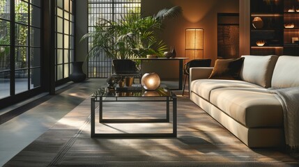 Contemporary side table with a metal frame and glass top beside a sofa