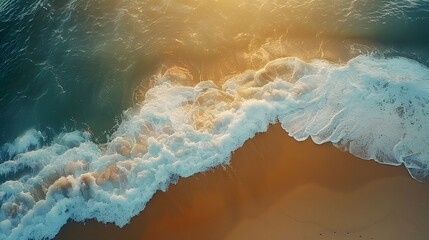 Fototapeta premium Aerial view of a long, winding coastline bathed in the golden light of a sunset, casting long shadows on the sandy beach