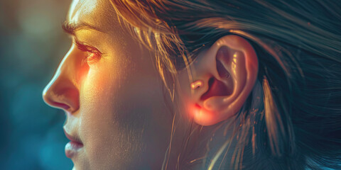 Fototapeta premium Earache Agony the sharp shooting pain of ear discomfort. A close-up of a person's red and swollen ear