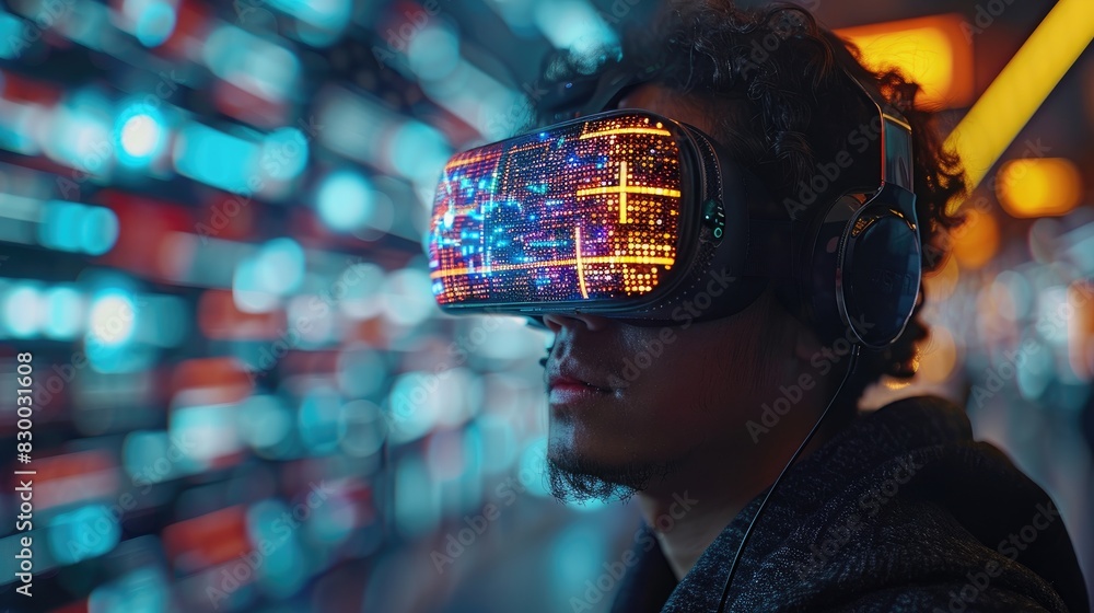 Poster man immersed in virtual reality using a vr headset. futuristic digital environment with neon lights 