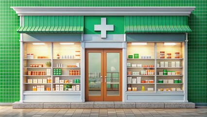 Green Tiled Wall in a Pharmacy Store. Generative AI