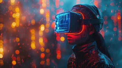 Person exploring a virtual reality world with VR headset amidst colorful neon lights, conveying a futuristic and immersive experience.
