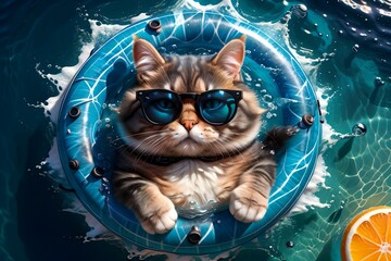 cat in an inflatable ring floats on the sea, top view