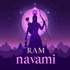 Célébration de Ram Navami avec une silhouette de Lord Rama, armé d'un arc et de flèches, illuminée par une lueur divine, sur un fond étoilé violet, symbolisant la fête hindoue de la naissance de Rama.