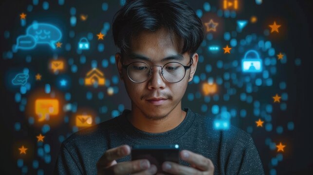 Young man using smartphone with digital icons in the background, representing social media and connectivity in a modern digital world.
