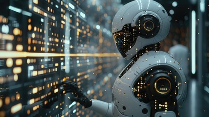 Fototapeta premium A futuristic robot interacts with a digital interface, depicting advanced technology and artificial intelligence in a cybernetic environment.